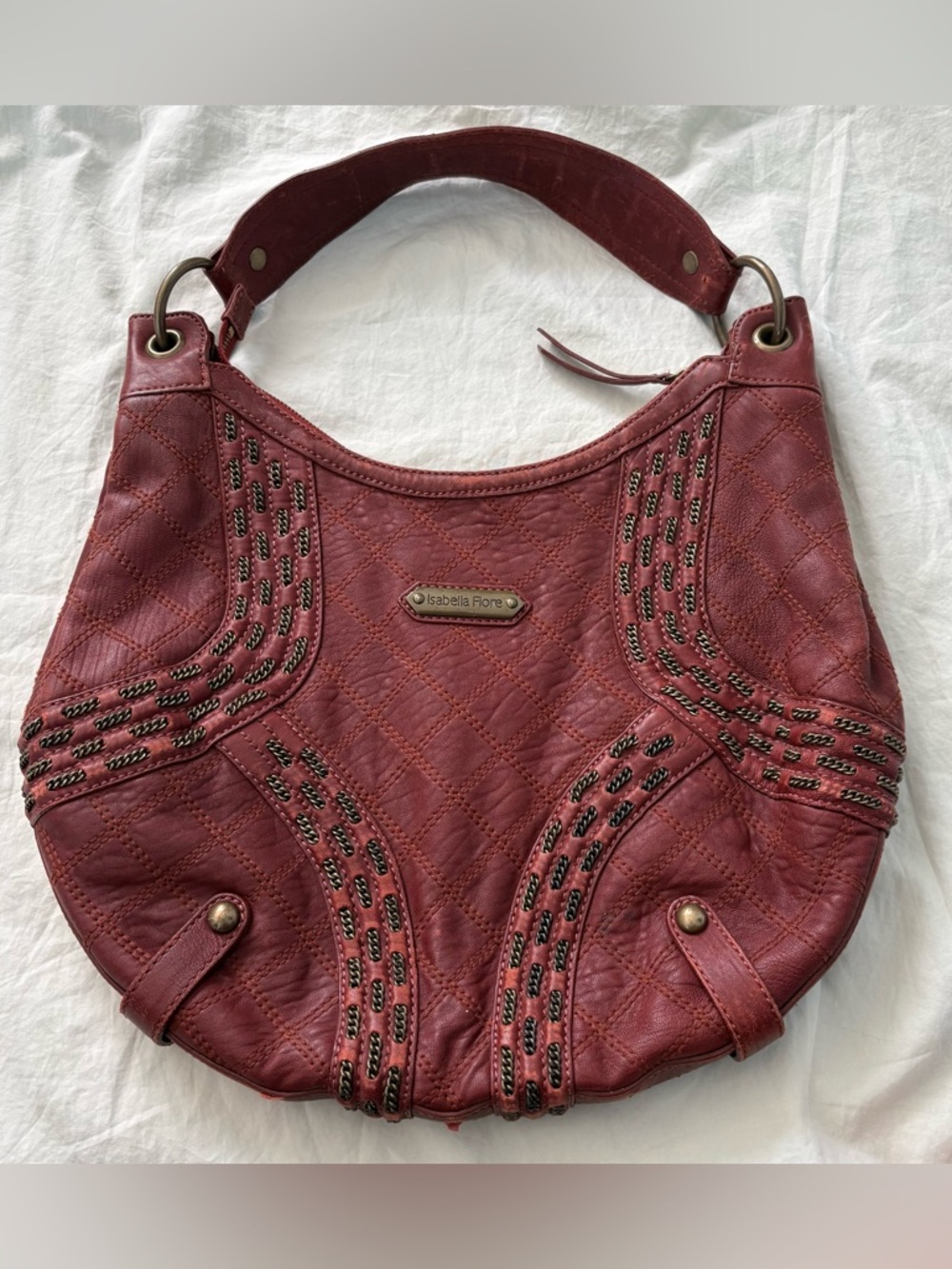 Isabella Fiore Quilted Chain Weave Studded Rust Hobo Shoulder Bag